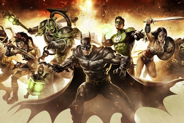 Batman along with other characters in the background of the explosion