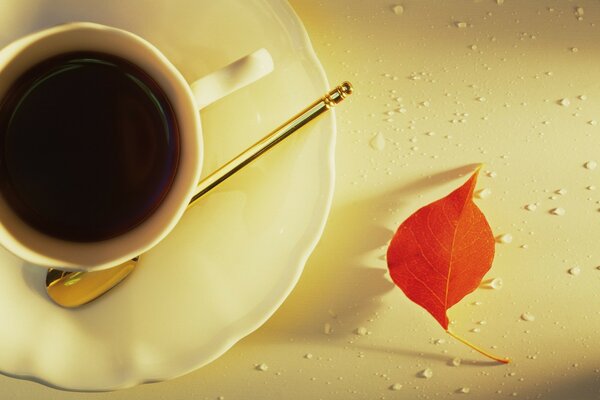 Una hoja de naranja se encuentra junto a una taza de café