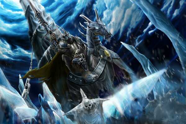 Dibujo del juego warcraft. un muerto viviente a caballo con una espada en la mano contra el hielo