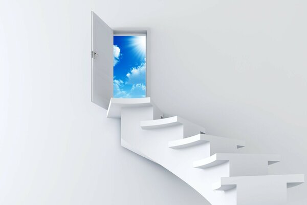 Białe schody do nieba z drzwiami