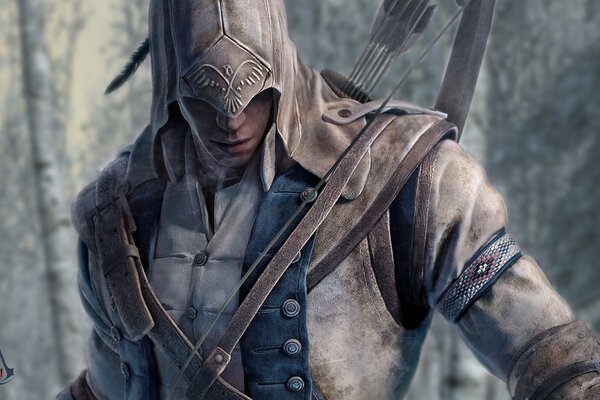 Assassins creed. guerrier Connor en costume blanc avec des armes