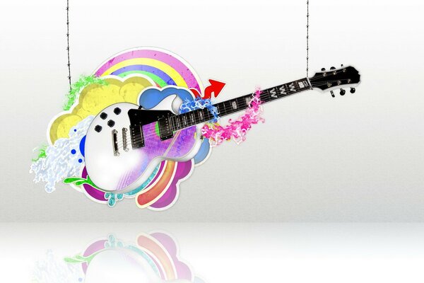 Multicolored guitar with reflection from the bottom photo