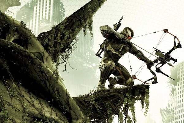 Combattente in Nanosuit con un arco da battaglia del gioco crysis