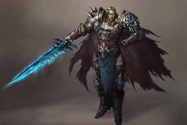 The Lich King with a sword on a gray background