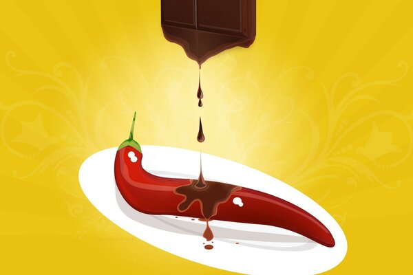 Sur le piment rouge dégoulinant de chocolat noir