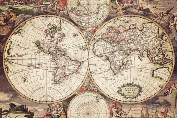 The old map shows the seas washing the continents