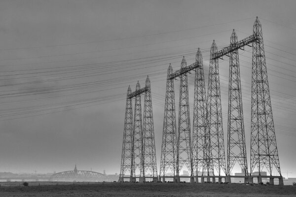 Power line station in black and white in the field