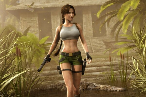 Lara Croft with a gun in her hands