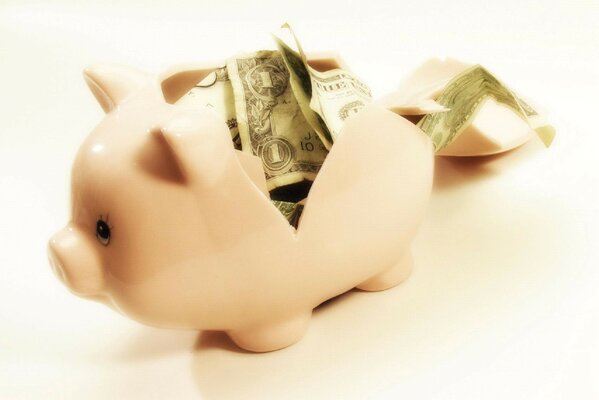 A broken piggy bank with dollars inside on a white background