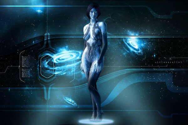 The figure of a girl on the background of a hologram of a car