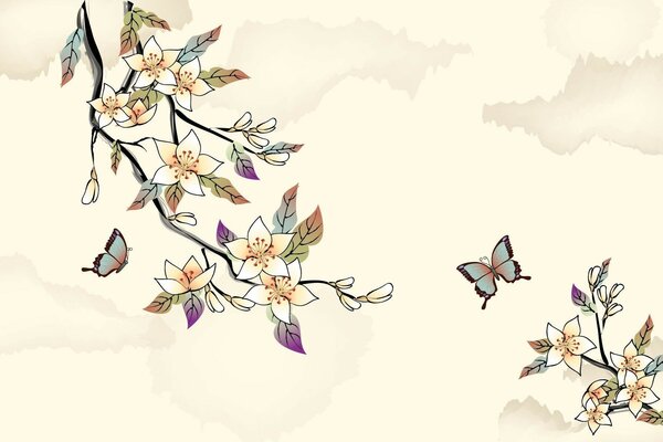 Drawing of butterflies landing on trees