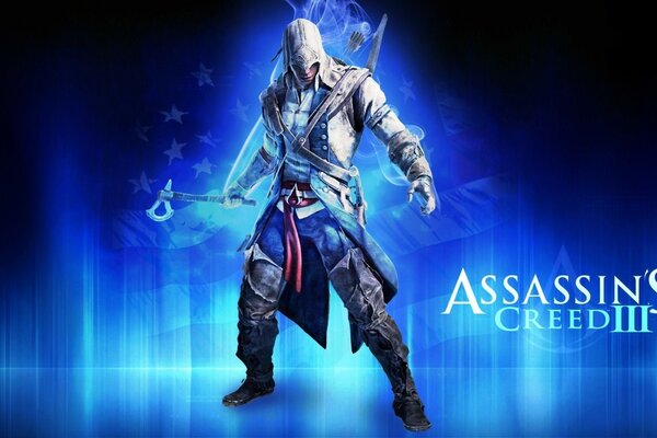 Guerra de personajes De Assassin s Creed 3 en el fondo de la bandera