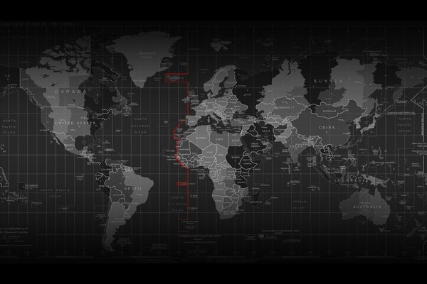 Mapa del mundo en blanco y negro con zonas horarias