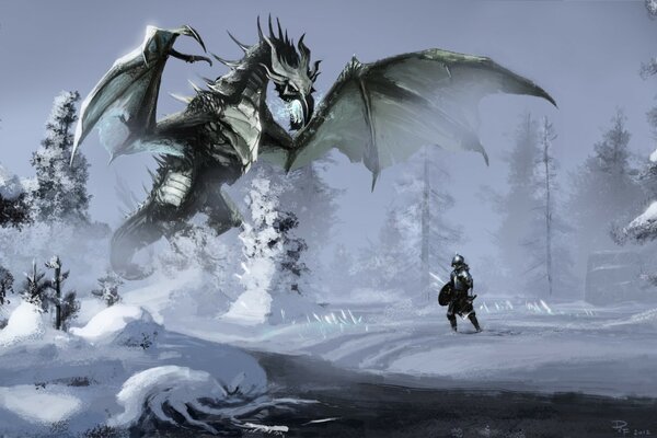 Арт skyrim зима дракон и воин на снегу