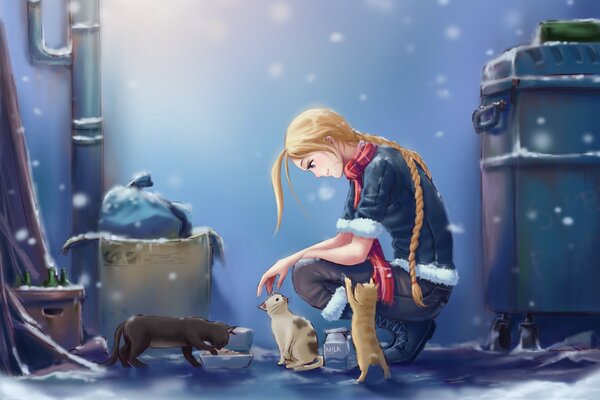 Art girl with pigtails feeds klisnvh kitties