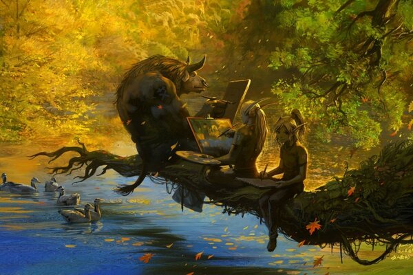 Caída de hojas de otoño sobre el lago. Un Toro con elfos pinta cuadros