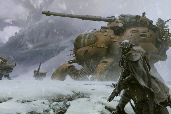 Soldati e carri armati in montagna in inverno
