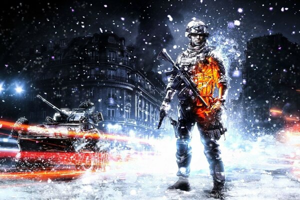 Nella guerra di battlefield 3 soldati con strisce in armatura bf3 e sulla neve