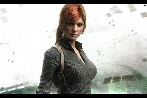 A red-haired girl in a gray shirt. Game character