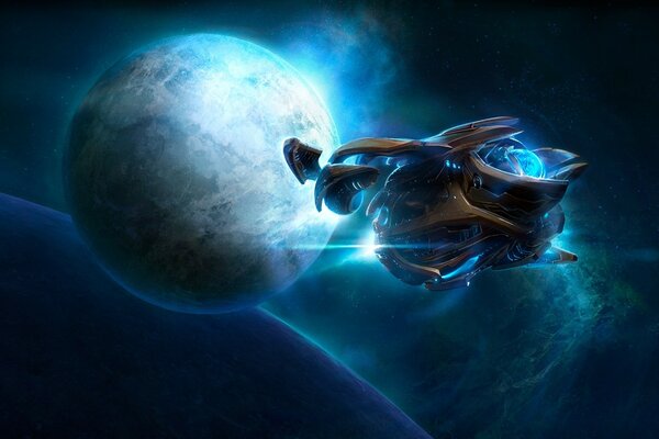 Starcraft Sternschiff im Hintergrund des Planeten