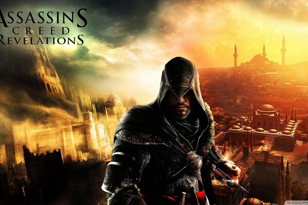 El protagonista del juego Assassins Creed en el fondo de la ciudad