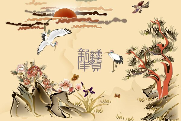 Chinese motifs with birds, trees, flowers, sun and hieroglyphs