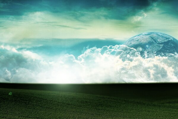 An unearthly landscape with clouds and a breaking beam of light