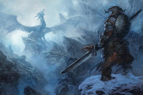 A warrior with a halberd and a dragon in the mountains from the game