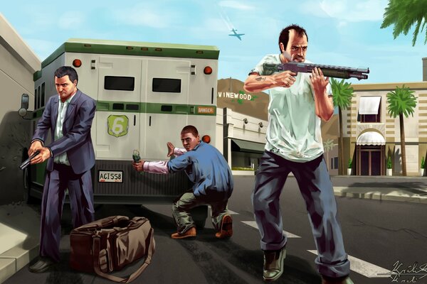 GTA грабители и броневик у пальм