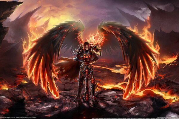 A girl in armor with an angel with fiery wings behind her shoulders