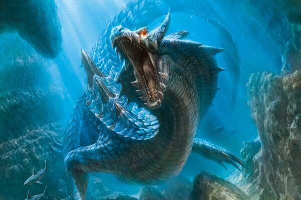 A dragon with an open mouth in the depths of the sea