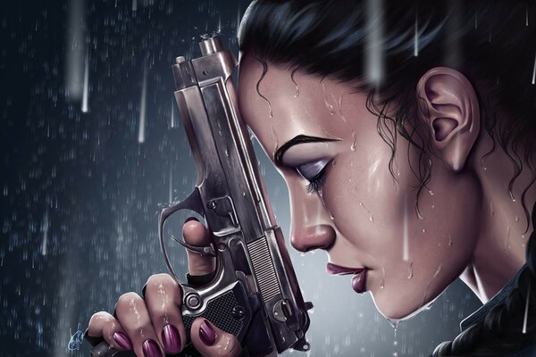 Chica bajo la lluvia con una pistola en la mano