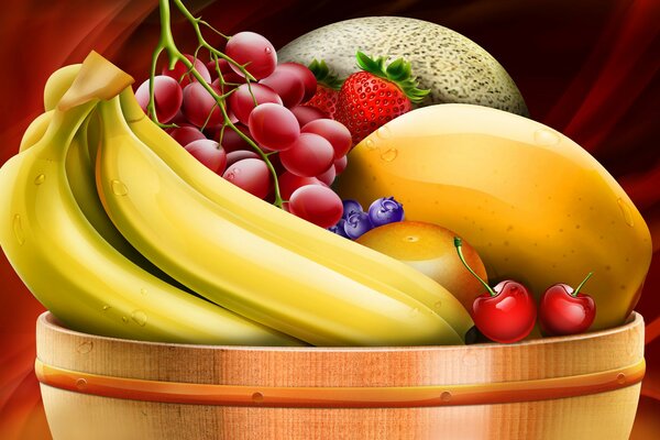 A bowl of fruit on a red background