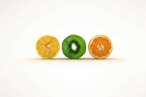 A picture with kiwi orange and lemon in the section
