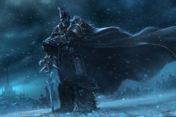 Icy sorrow. The Lich King, a Warrior from the game. Workcraft Frostmort Sword