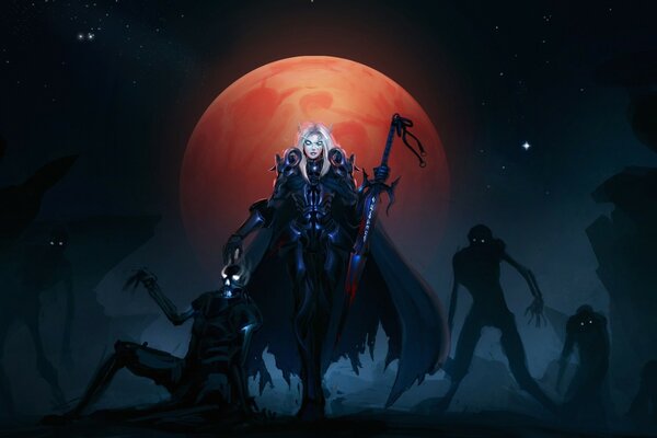 Warcraft image. A girl with a sword on the background of the moon