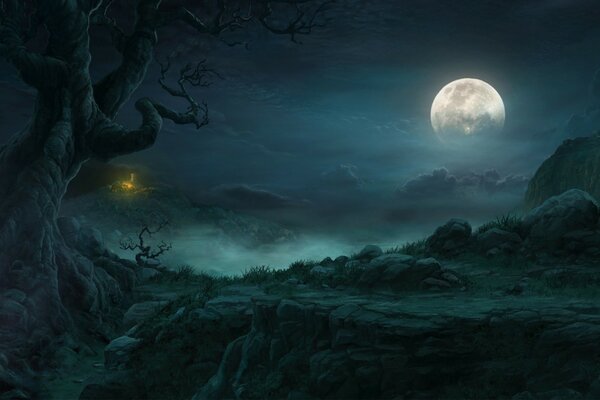 Foggy fantasy forest at full moon