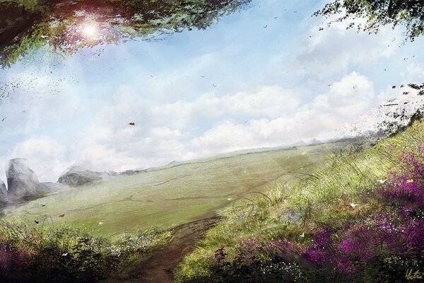 Drawing of a landscape with an image of a meadow of flowers and the sky