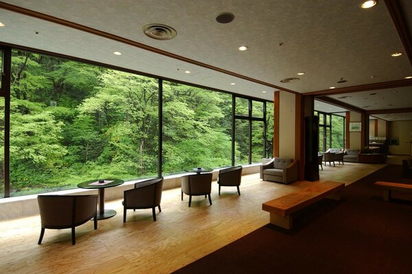 Restaurant interior with panoramic windows