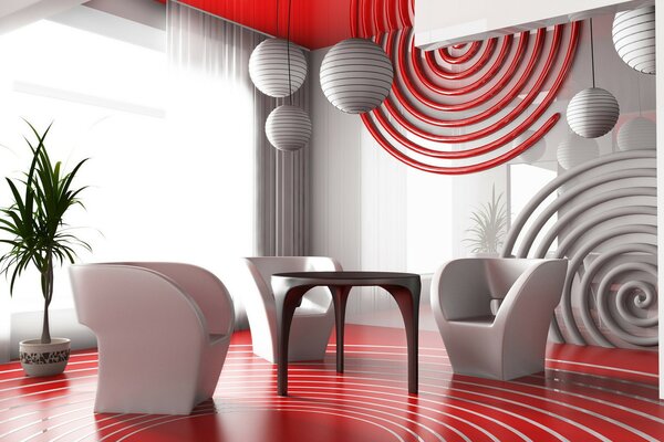 Interessante Innenarchitektur drei Sessel und ein Beistelltisch in Rot