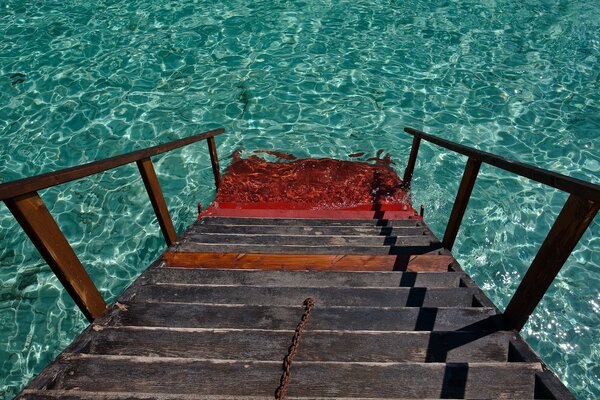 Die Treppe geht tief ins klare Wasser