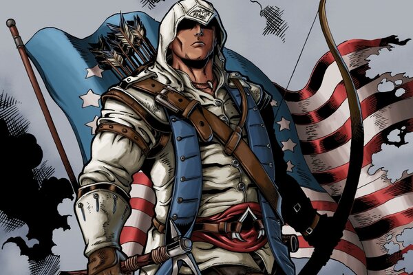 Assassins Warrior sullo sfondo di una bandiera americana ferita