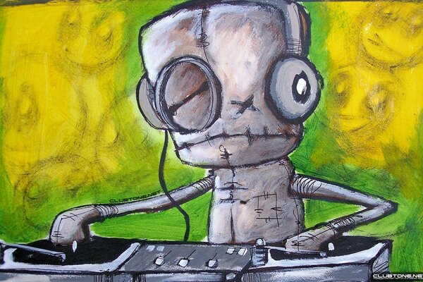 Ein gezeichneter Alien-DJ ohne Auge