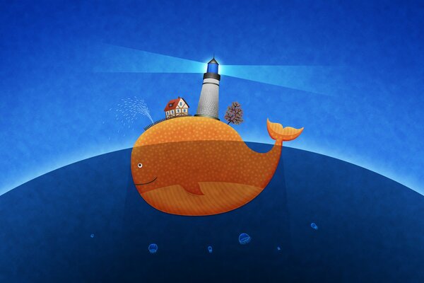 Большой оранжевый кит держит на себе маяк
