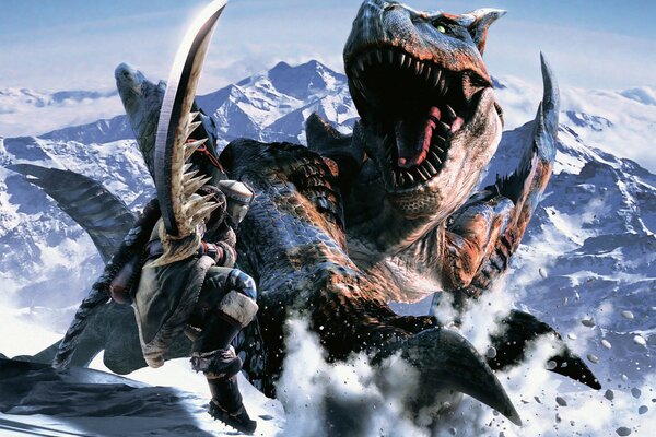 Fight with a dinosaur in the snowy mountains