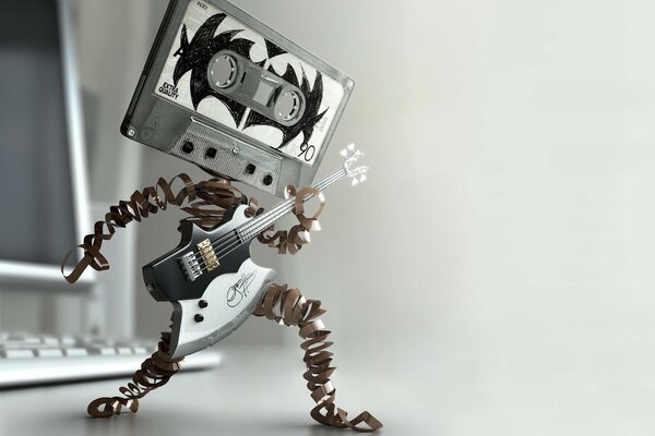 A character with a guitar and a head in the form of a cassette