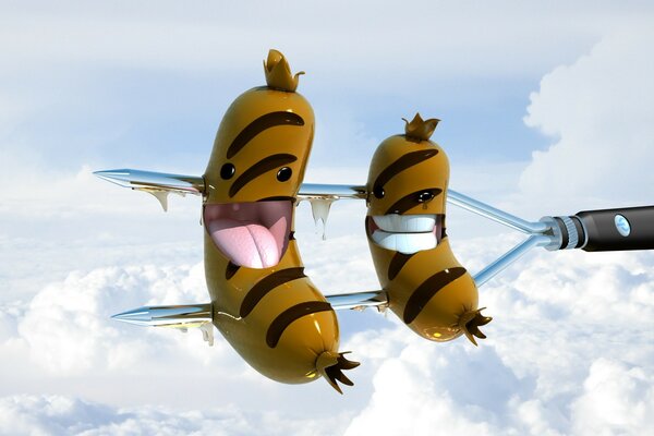 Positive sausages on a fork against the background of clouds