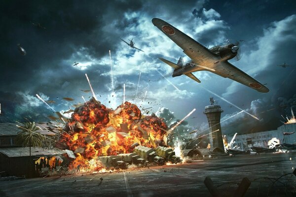 A game about war. A game about airplanes. A picture about planes from the game. The plane dropped a bomb