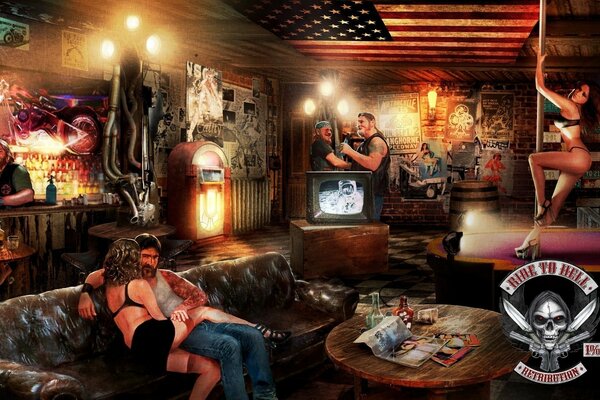 Spiel Biker. Biker in einer Bar. Bild aus dem Spiel