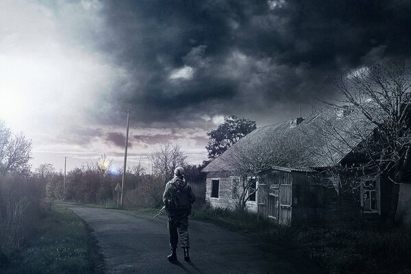 Stalker on the background of abandoned houses in Pripyat